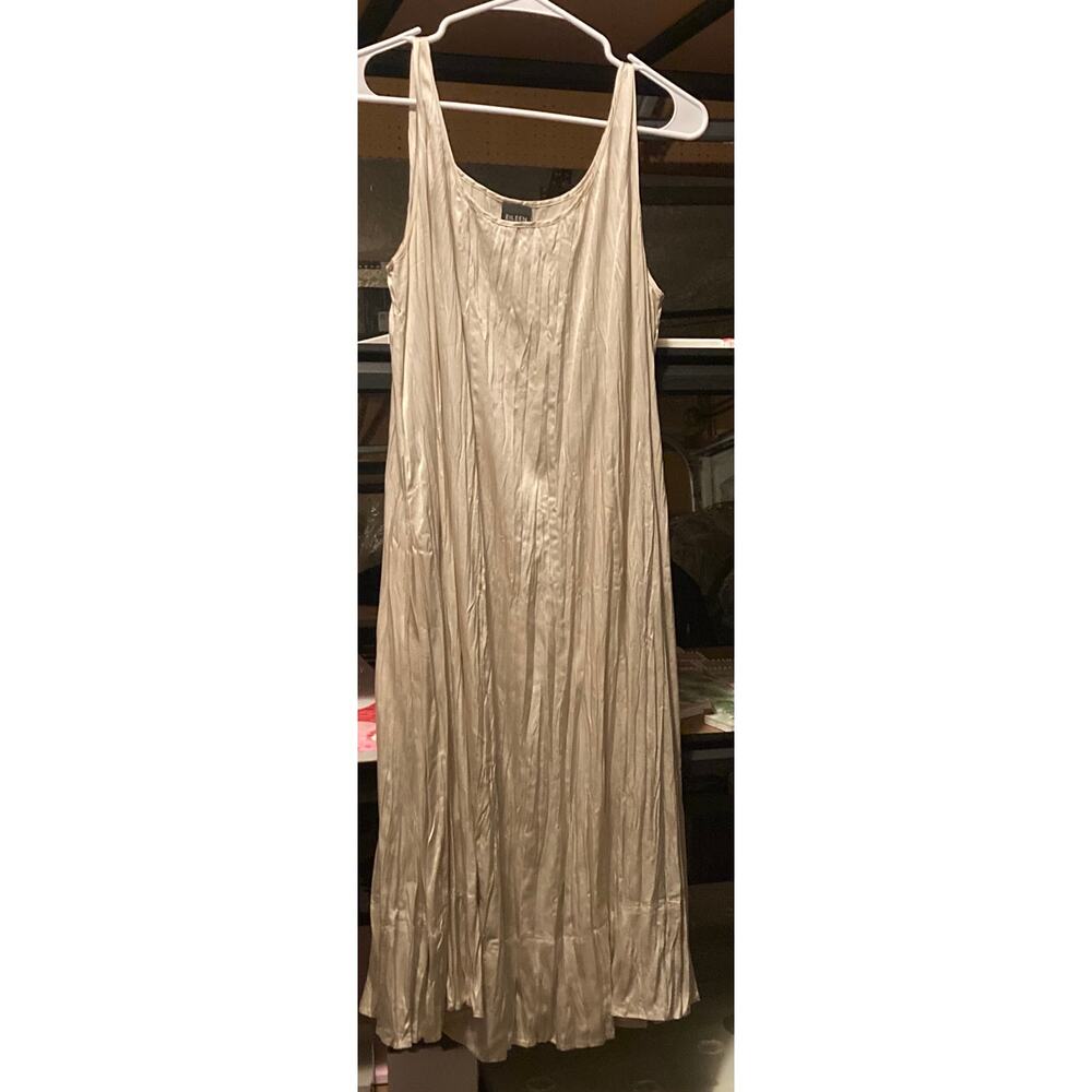 M Eileen Fisher crinkle satin cream light tan tank dress strap sleeveless midi